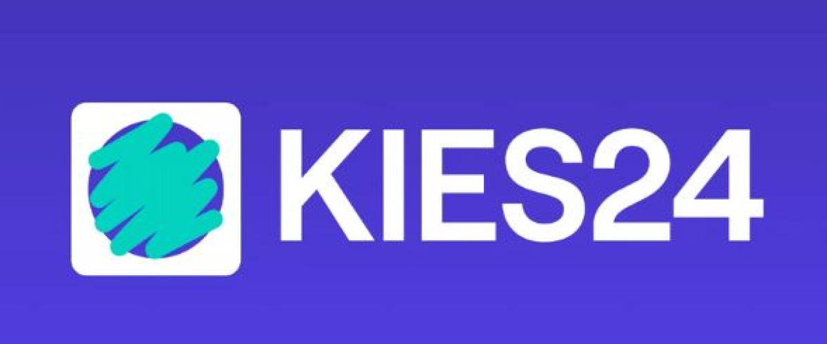KIES24 is wriiten in white color and the background color (behind KIES24) is purple.
